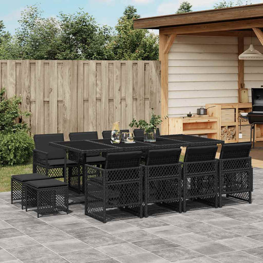 vidaXL 13 Piece Garden Dining Set with Cushions Black Poly Rattan