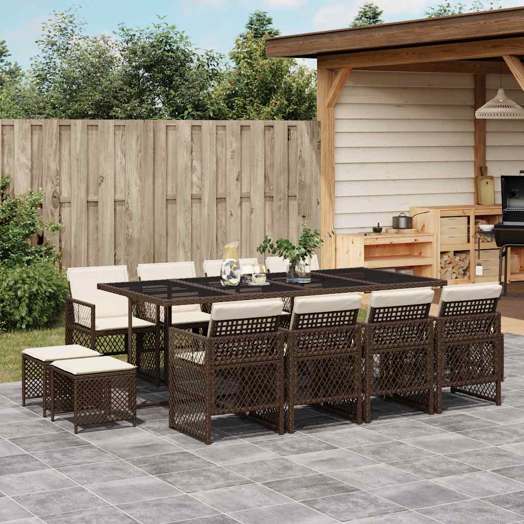vidaXL 13 Piece Garden Dining Set with Cushions Brown Poly Rattan