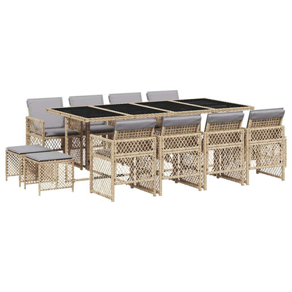 vidaXL 13 Piece Garden Dining Set with Cushions Beige Poly Rattan