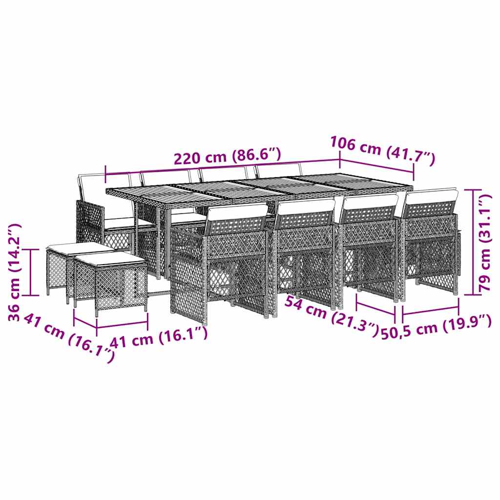 vidaXL 13 Piece Garden Dining Set with Cushions Grey Poly Rattan