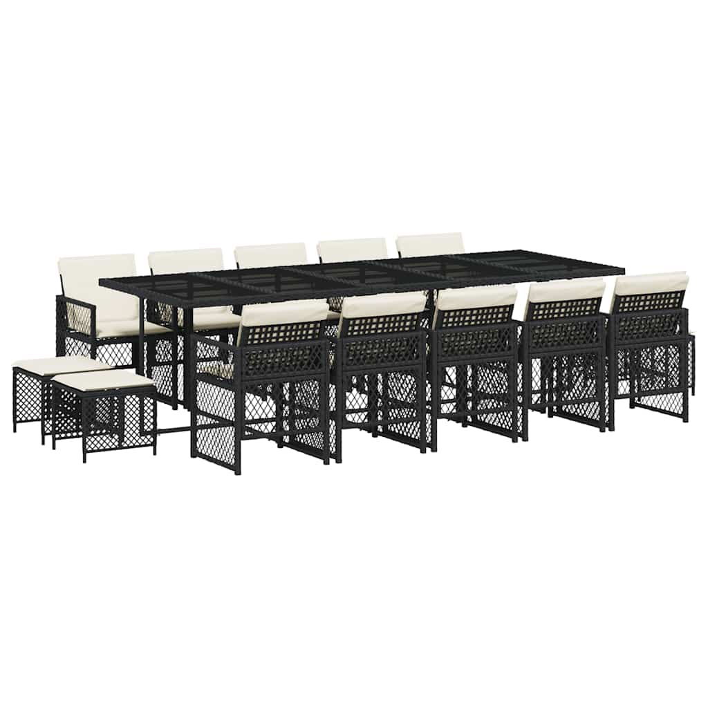 vidaXL 15 Piece Garden Dining Set with Cushions Black Poly Rattan