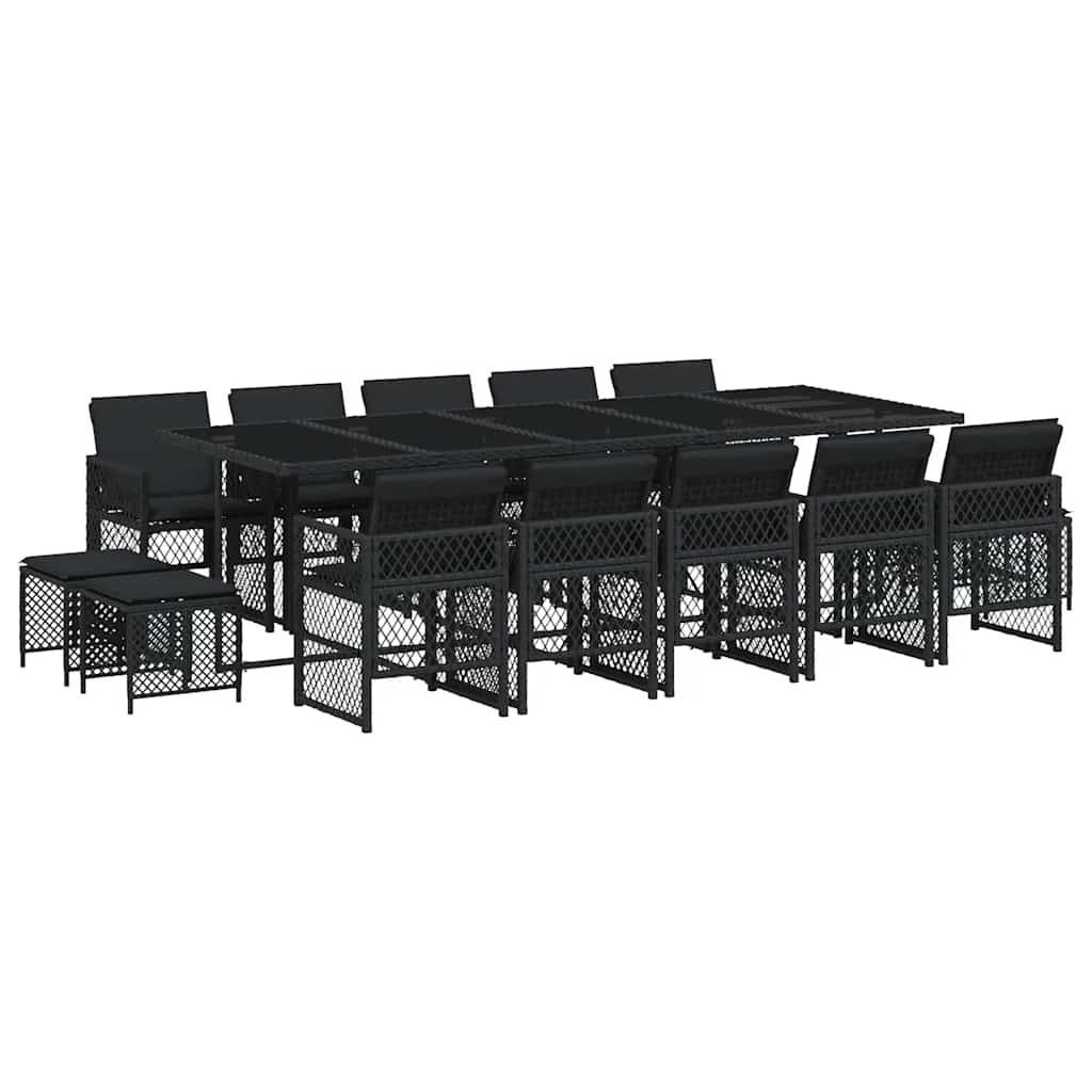 vidaXL 15 Piece Garden Dining Set with Cushions Black Poly Rattan