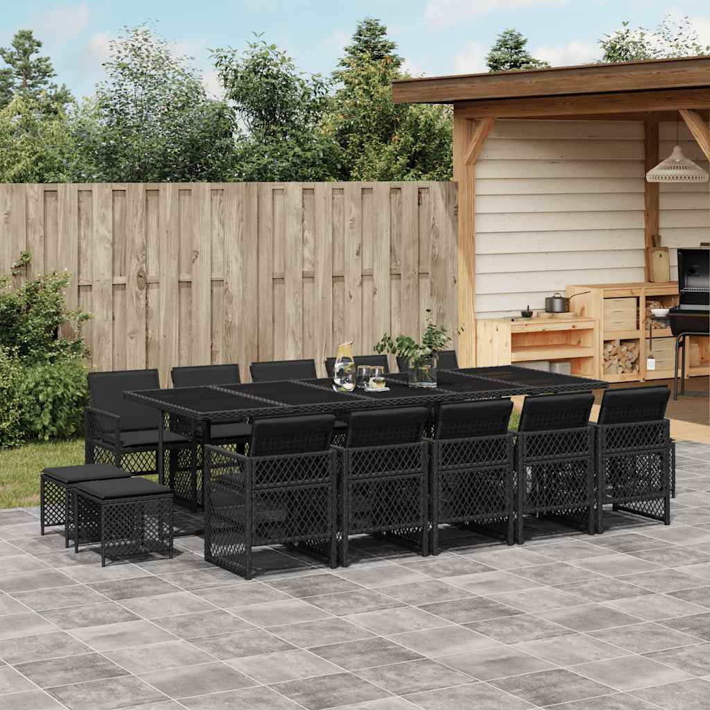 vidaXL 15 Piece Garden Dining Set with Cushions Black Poly Rattan