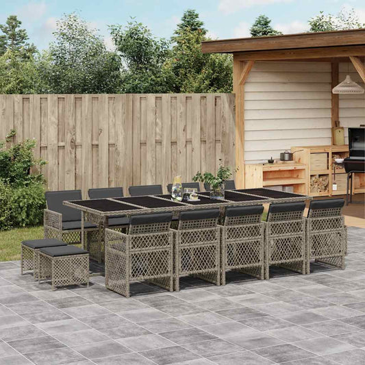 vidaXL 15 Piece Garden Dining Set with Cushions Grey Poly Rattan