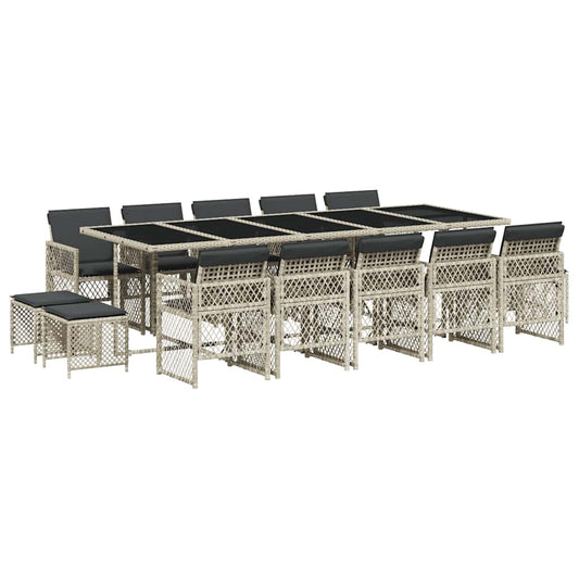 vidaXL 15 Piece Garden Dining Set with Cushions Light Grey Poly Rattan