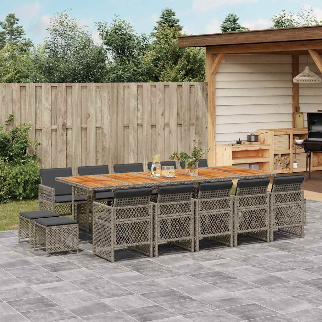 vidaXL 15 Piece Garden Dining Set with Cushions Grey Poly Rattan