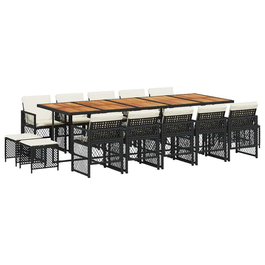 vidaXL 15 Piece Garden Dining Set with Cushions Black Poly Rattan