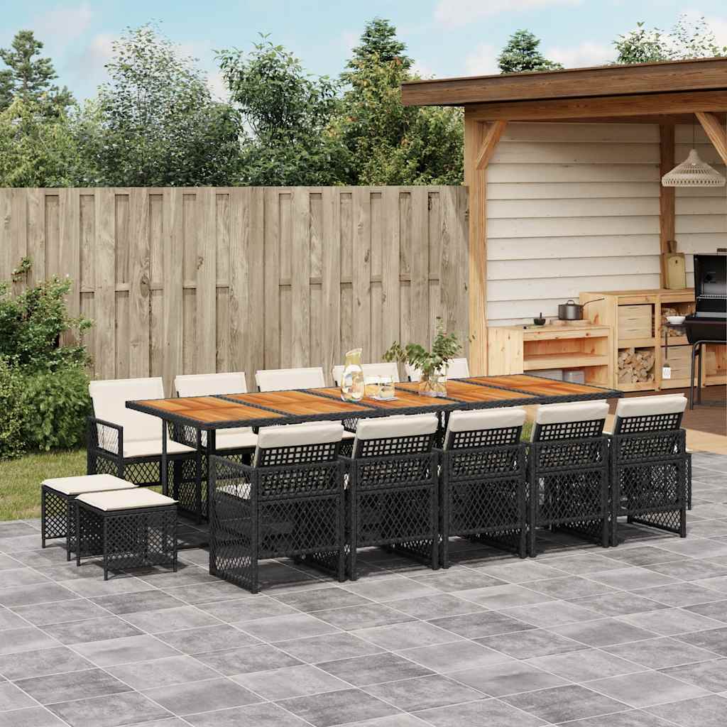 vidaXL 15 Piece Garden Dining Set with Cushions Black Poly Rattan