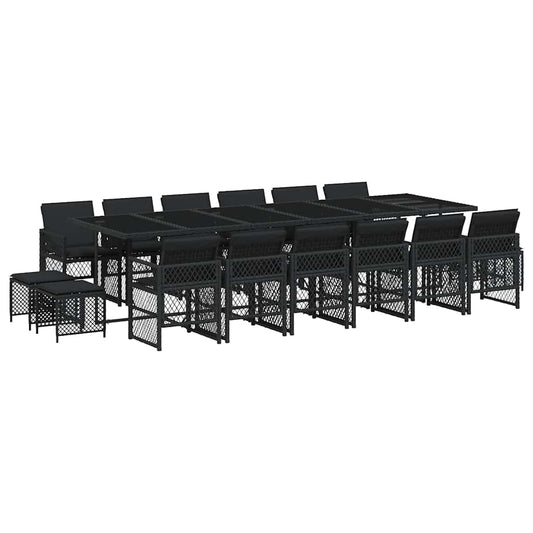 vidaXL 17 Piece Garden Dining Set with Cushions Black Poly Rattan