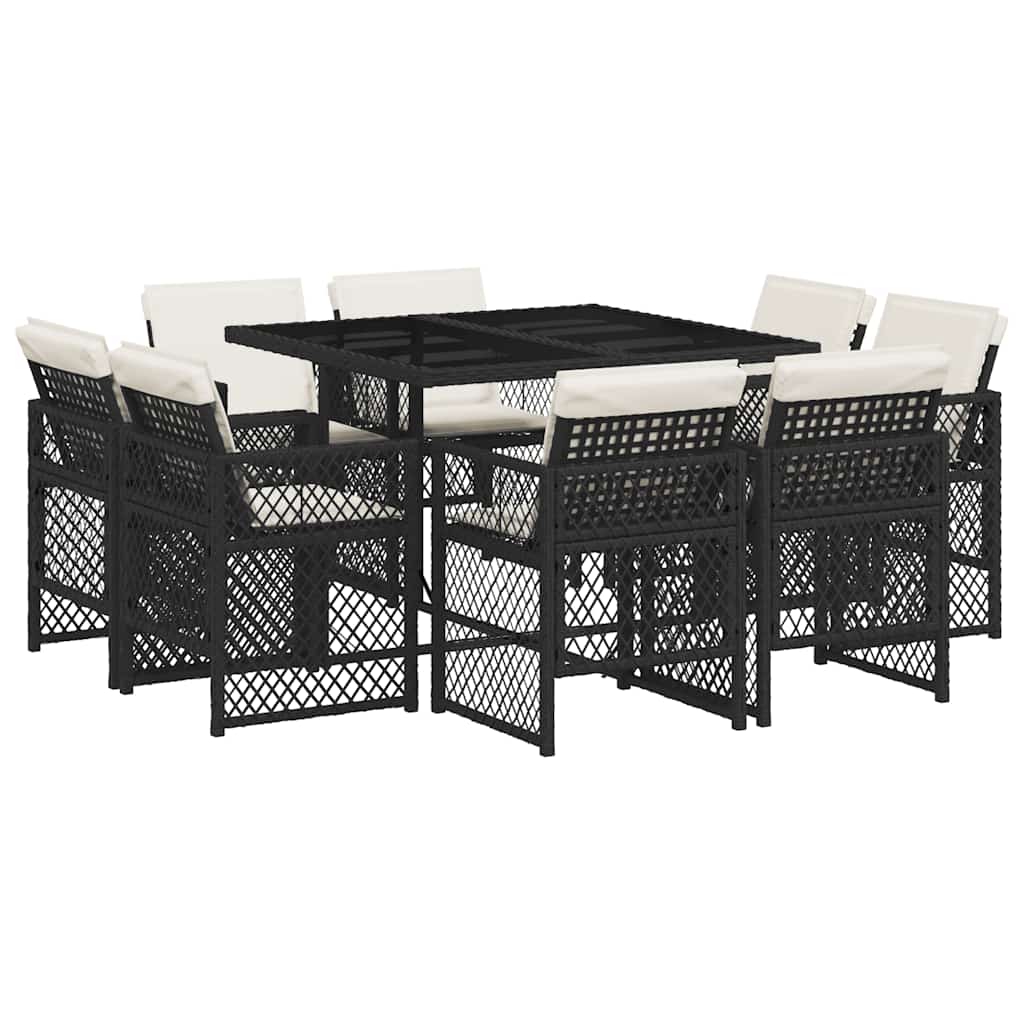 vidaXL 9 Piece Garden Dining Set with Cushions Black Poly Rattan