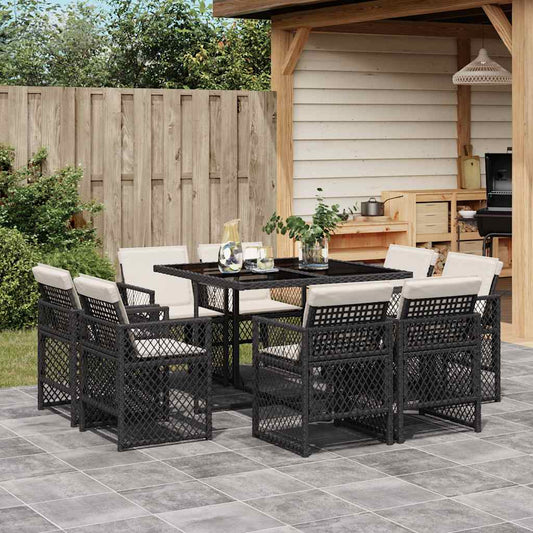 vidaXL 9 Piece Garden Dining Set with Cushions Black Poly Rattan