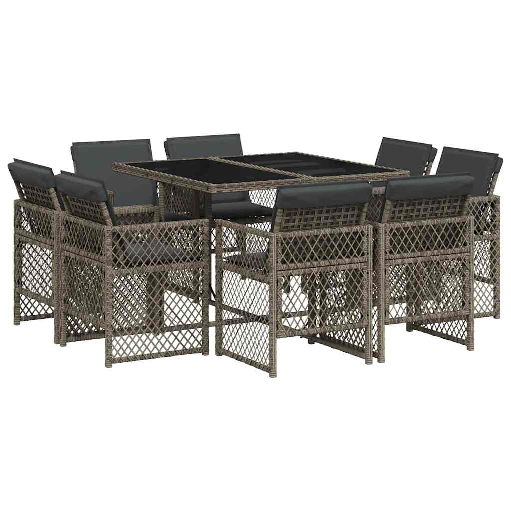 vidaXL 9 Piece Garden Dining Set with Cushions Grey Poly Rattan