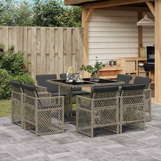 vidaXL 9 Piece Garden Dining Set with Cushions Grey Poly Rattan