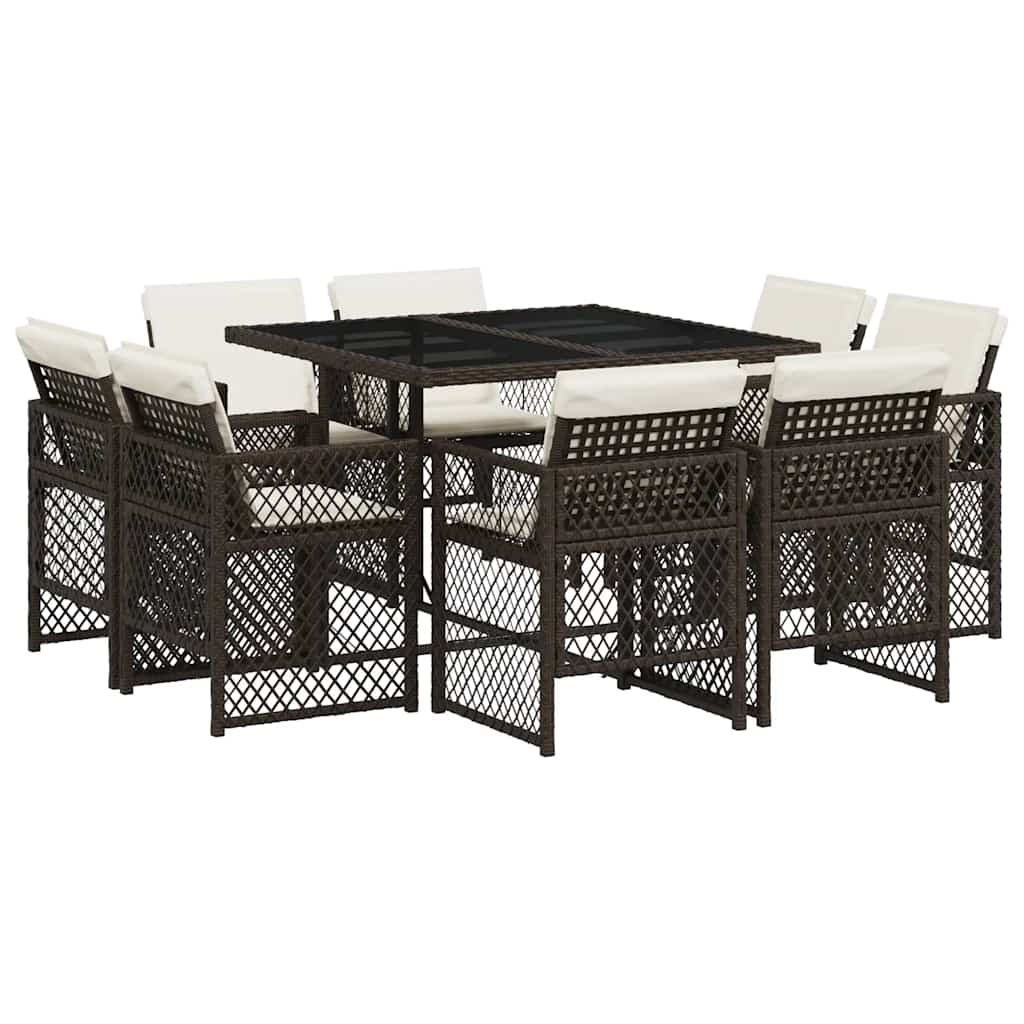 vidaXL 9 Piece Garden Dining Set with Cushions Brown Poly Rattan