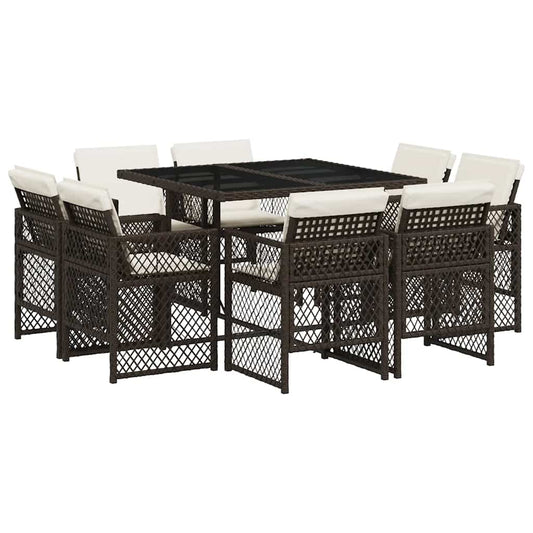 vidaXL 9 Piece Garden Dining Set with Cushions Brown Poly Rattan
