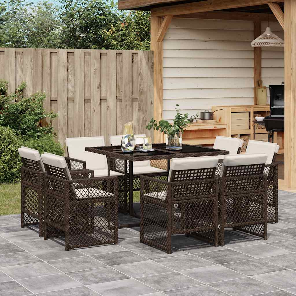 vidaXL 9 Piece Garden Dining Set with Cushions Brown Poly Rattan
