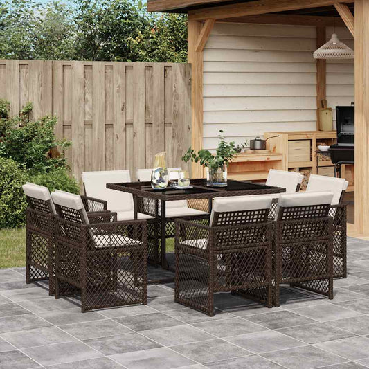 vidaXL 9 Piece Garden Dining Set with Cushions Brown Poly Rattan
