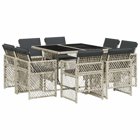 vidaXL 9 Piece Garden Dining Set with Cushions Light Grey Poly Rattan