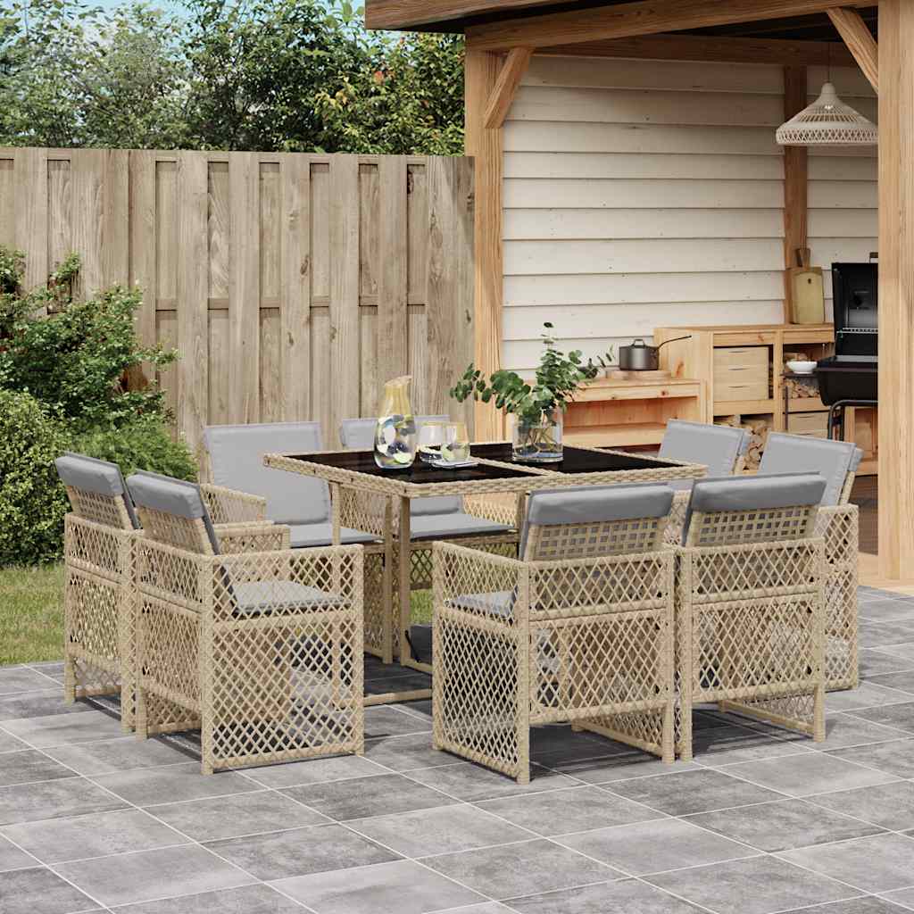 vidaXL 9 Piece Garden Dining Set with Cushions Mix Beige Poly Rattan