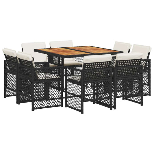 vidaXL 9 Piece Garden Dining Set with Cushions Black Poly Rattan