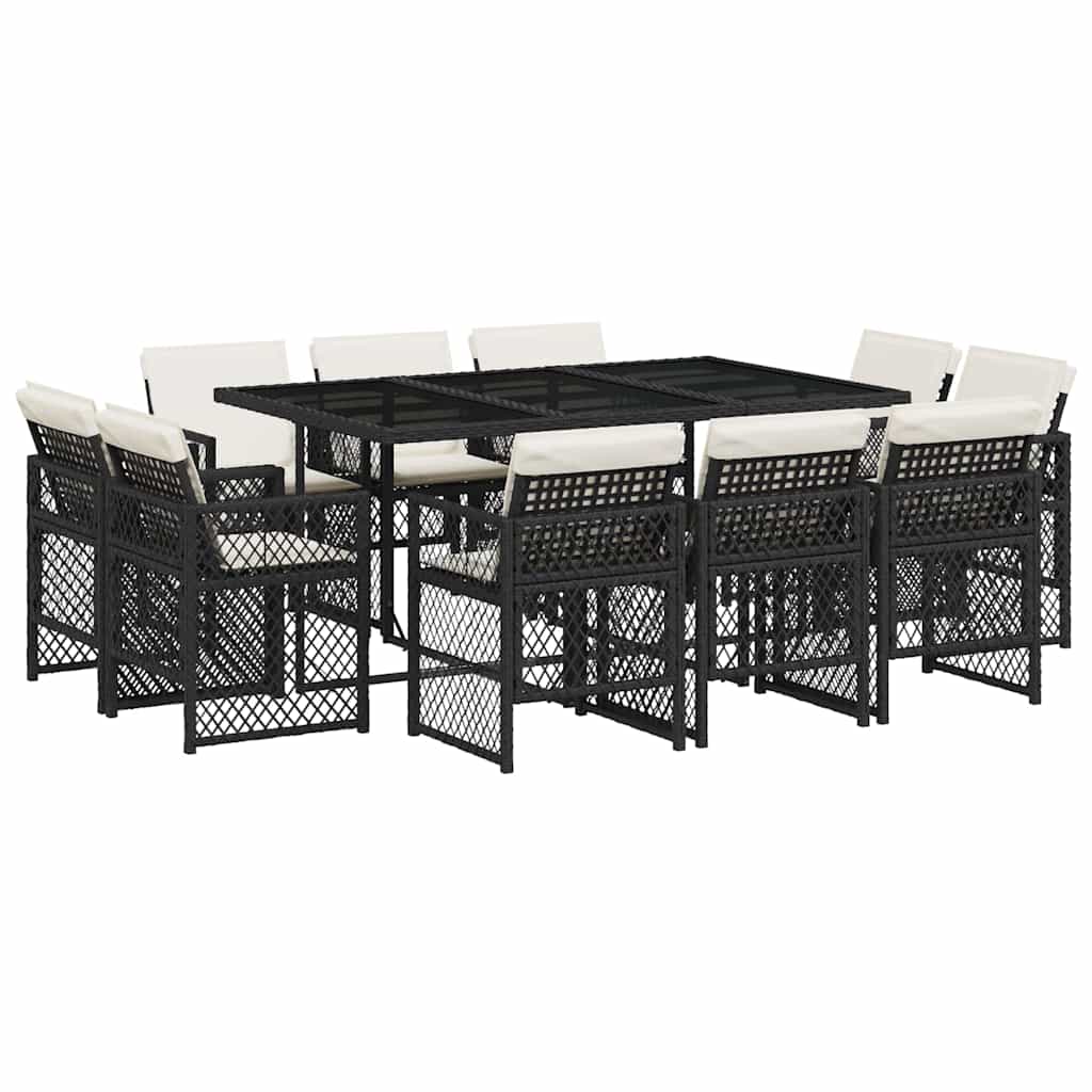 vidaXL 11 Piece Garden Dining Set with Cushions Black Poly Rattan