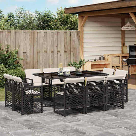 vidaXL 11 Piece Garden Dining Set with Cushions Black Poly Rattan