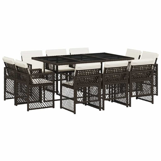 vidaXL 11 Piece Garden Dining Set with Cushions Brown Poly Rattan
