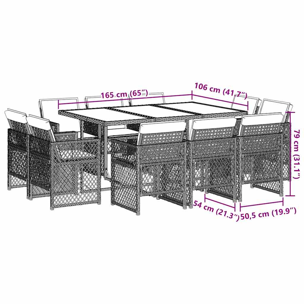 vidaXL 11 Piece Garden Dining Set with Cushions Brown Poly Rattan