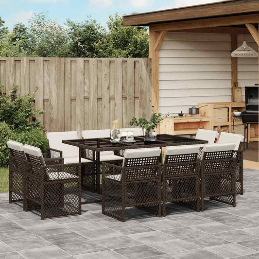 vidaXL 11 Piece Garden Dining Set with Cushions Brown Poly Rattan