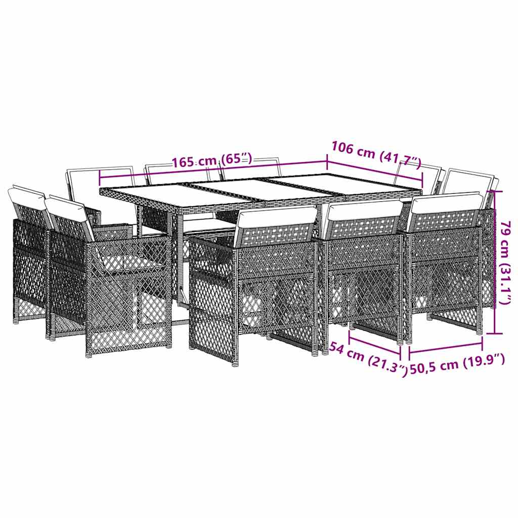 vidaXL 11 Piece Garden Dining Set with Cushions Light Grey Poly Rattan