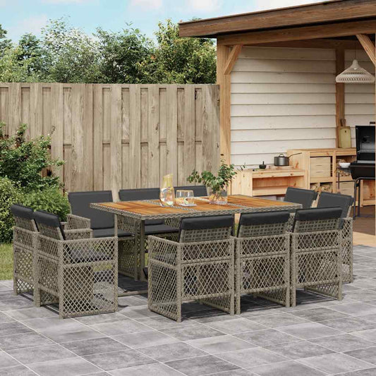 vidaXL 11 Piece Garden Dining Set with Cushions Grey Poly Rattan
