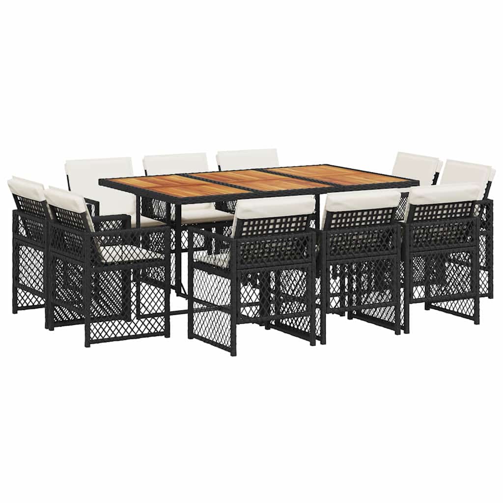 vidaXL 11 Piece Garden Dining Set with Cushions Black Poly Rattan