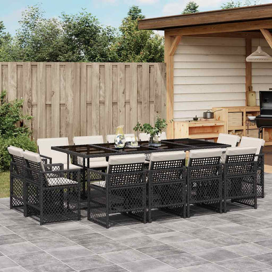 vidaXL 13 Piece Garden Dining Set with Cushions Black Poly Rattan