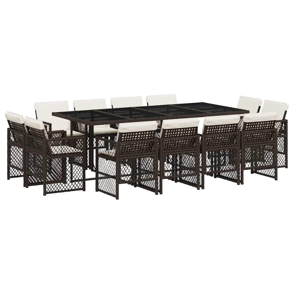 vidaXL 13 Piece Garden Dining Set with Cushions Brown Poly Rattan