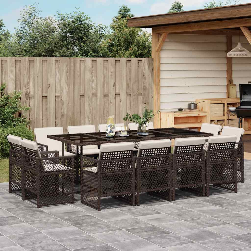 vidaXL 13 Piece Garden Dining Set with Cushions Brown Poly Rattan