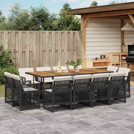 vidaXL 13 Piece Garden Dining Set with Cushions Black Poly Rattan