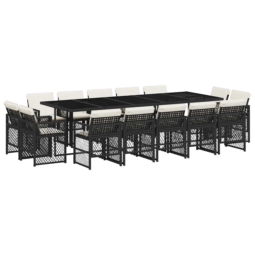 vidaXL 15 Piece Garden Dining Set with Cushions Black Poly Rattan