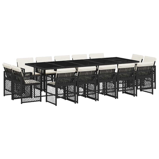 vidaXL 15 Piece Garden Dining Set with Cushions Black Poly Rattan