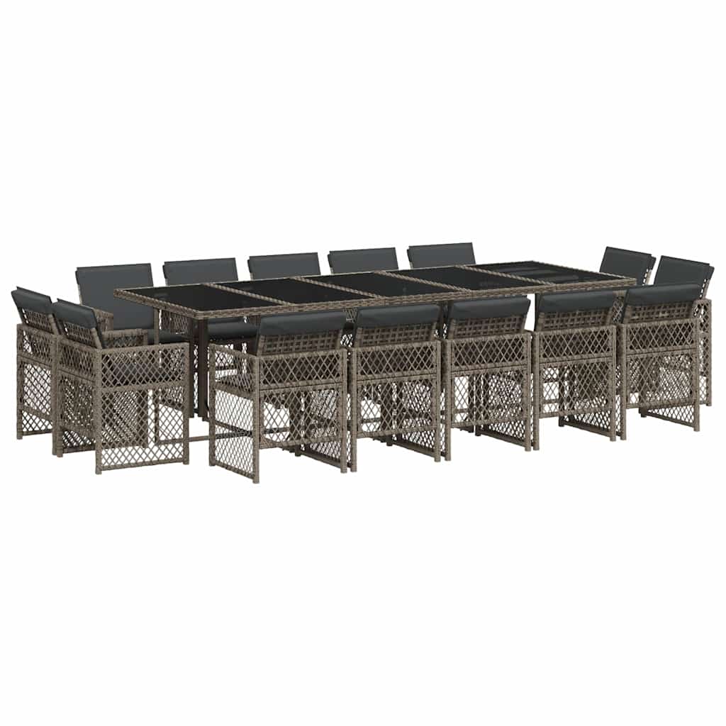 vidaXL 15 Piece Garden Dining Set with Cushions Grey Poly Rattan