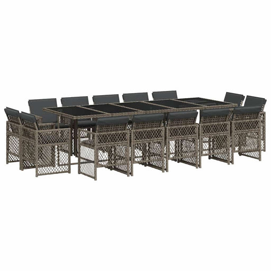 vidaXL 15 Piece Garden Dining Set with Cushions Grey Poly Rattan