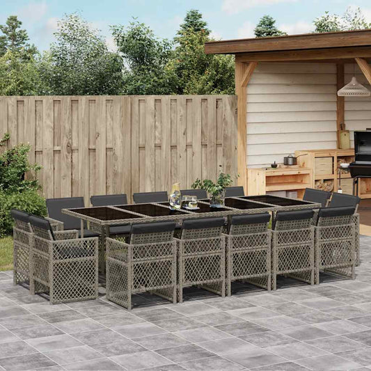 vidaXL 15 Piece Garden Dining Set with Cushions Grey Poly Rattan