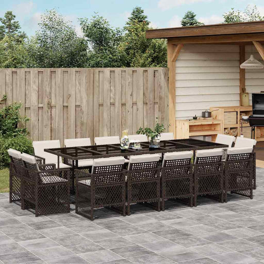 vidaXL 15 Piece Garden Dining Set with Cushions Brown Poly Rattan