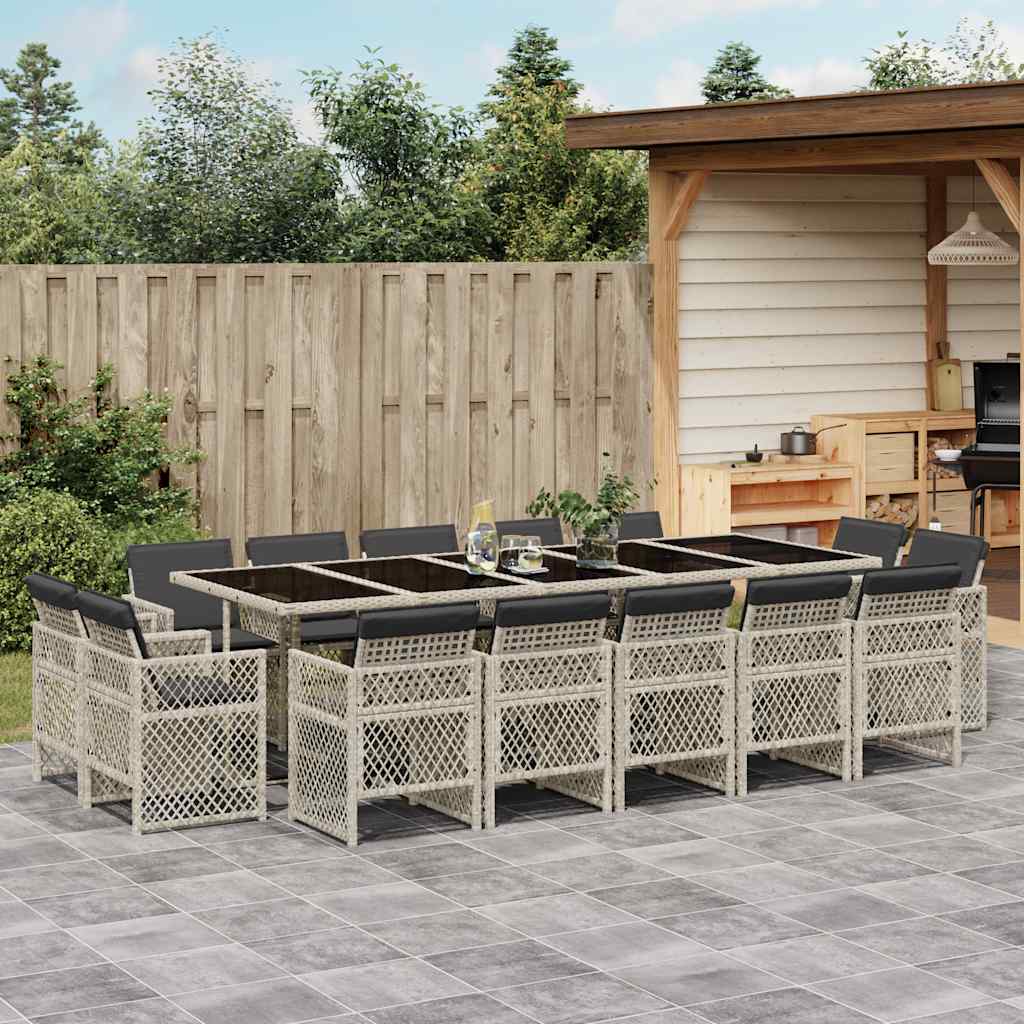 vidaXL 15 Piece Garden Dining Set with Cushions Light Grey Poly Rattan
