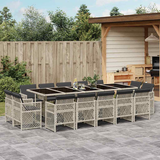 vidaXL 15 Piece Garden Dining Set with Cushions Light Grey Poly Rattan