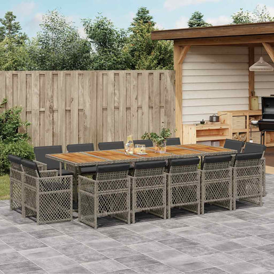 vidaXL 15 Piece Garden Dining Set with Cushions Grey Poly Rattan