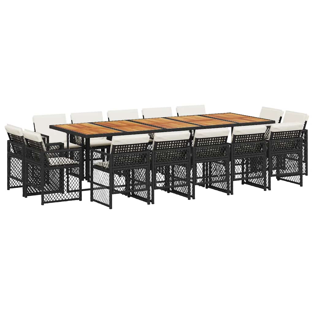vidaXL 15 Piece Garden Dining Set with Cushions Black Poly Rattan