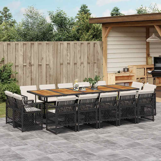 vidaXL 15 Piece Garden Dining Set with Cushions Black Poly Rattan