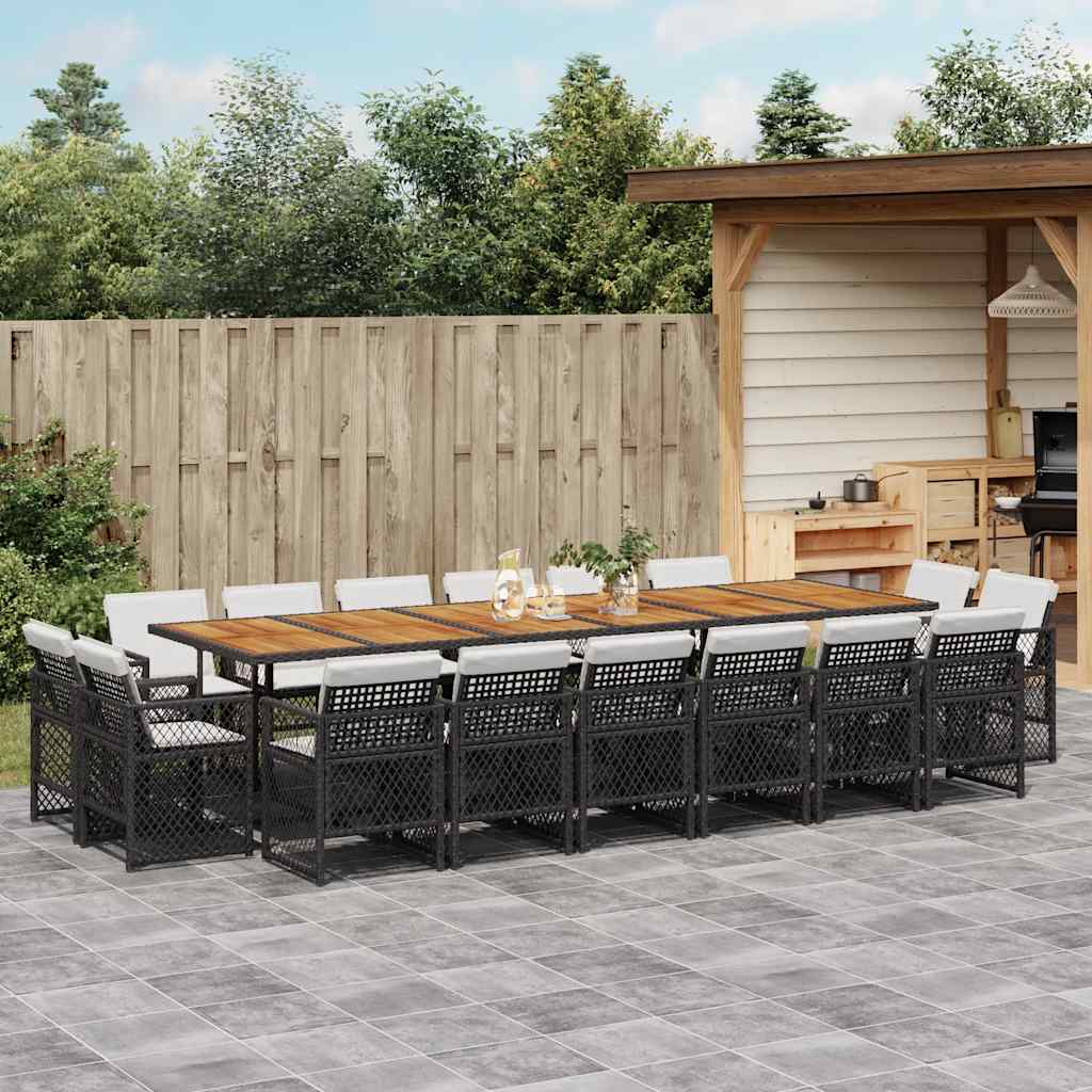 vidaXL 17 Piece Garden Dining Set with Cushions Black Poly Rattan