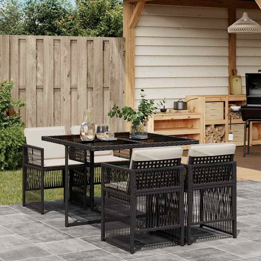 vidaXL 5 Piece Garden Dining Set with Cushions Black Poly Rattan