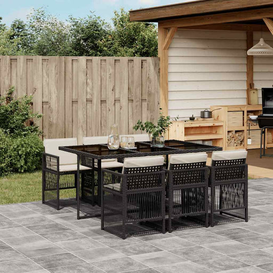 vidaXL 7 Piece Garden Dining Set with Cushions Black Poly Rattan